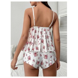 Verdusa Women's 2 Piece Floral Lace Pajama Set Summer Flowy Camisole Tops with Shorts Loungewear White Medium