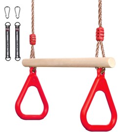 Trapeze Swing Bar Rings, VIsuIvit Children's Wooden Trapeze Swing Bar with Adjustable Rope, Locking Straps, Outdoor Swing Set Playground Accessories Gym Rings for Kids (Red)