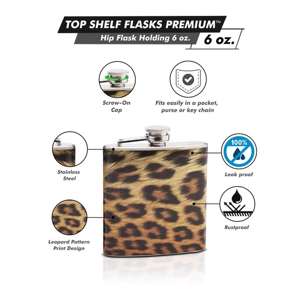 6oz Hip Flask - Leopard Pattern Print Design - Pocket Size, Stainless Steel, Leak Proof, Screw-On Cap - Brown and Black Wrapped Vinyl Finish