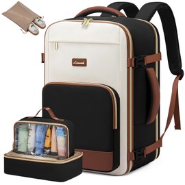 LOVEVOOK Hand Luggage Backpack, 17.3 Inch Backpack Hand Luggage Airplane, Large Travel Backpack Women's Splash Waterproof, 40L Travel Backpack for Travel and Business, Holiday Must Haves - Black Beige