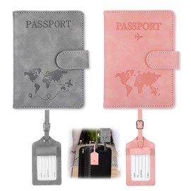 Hauojaus Passport Holder with Suitcase Tag, Passport Case 11 x 15 cm/4.33 x 5.91 Inch PU Leather RFID Blocker for Travel Documents, Grey/pink, Classic