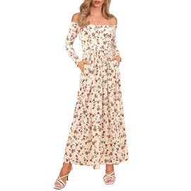 Amoretu Long Sleeve Hawaii Dress for Women Long Maxi Strapless Flowy Print Floral Apricot M