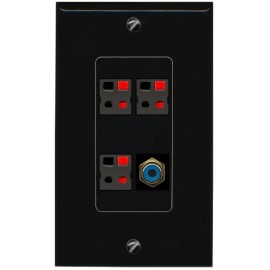 RiteAV 3 Port Speaker Wire Plug Jack Wall Plate+RCA for Subwoofer 1 Gang [Black]