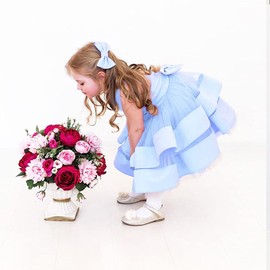 AIMJCHLD 0-6T Vestido de flores sin espalda en V vestido de fiesta de boda vestido con lazo para el pelo, Azul claro, 3 Años/4 Años