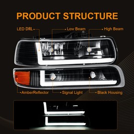 DimFlux LED DRL Headlight Assembly Headlights Kit Compatible with 1999-2002 Chevy Silverado 1500 2500/2001-2002 Silverado 1500HD 2500HD 3500HD Replacement Headlamp Black Housing Amber Reflector