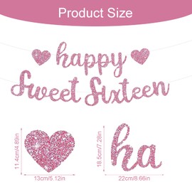 Pink Glitter 16 Birthday Decorations, Pre-Strung Glitter Happy 16 for Girls, Sweet 16th Sign of Women, Girls
