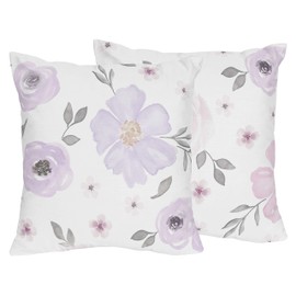 Sweet JoJo Designs Lavender Purple, Pink, Grey and White Decorative Accent Throw Pillows for Watercolor Floral Collection - Set of 2 - Rose Flower