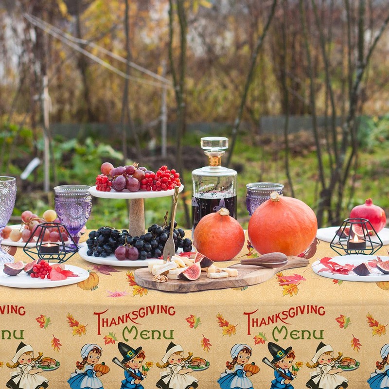 3 PCS Thanksgiving Fall Tablecloth Vintage Autumn Pumpkin Maple Leaves