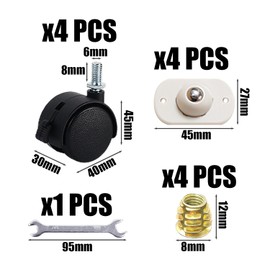 4 Universal Wheels with Brakes, 4 Ball Castors, 4 Trapezoidal Nuts, 1 Small Double Key, Universal Wheels, Dryer Rollers, Nylon Wheels