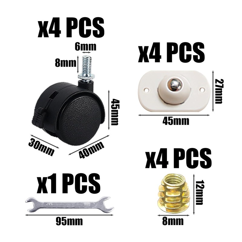 4 Universal Wheels with Brakes, 4 Ball Castors, 4 Trapezoidal