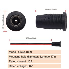 RUNCCI-YUN DC Power Jack Socket 5.5 x 2.1 mm, 12 V 10 A Hollow Plug DC Socket Panel Mount Set, Low Voltage Connector 5.5 mm x 2.1 mm (with Cable 15 cm) + 5 x Rubber Protective Flaps