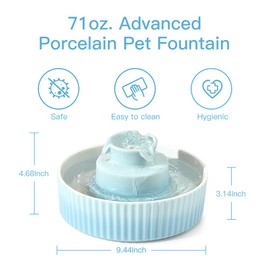 360 Ceramic Pet Fountain, Advanced Porcelain Cat Water Fountain, 70 oz.Drinking Fountains Bowl for Cat and Dogs with Replacement Filters and Foam (Green Blue)