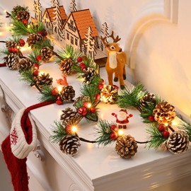 Christmas Garland with Lights, 6.6Ft Prelit Christmas Garland, Lighted Christmas Garland, Pine Garland with Pine Cones, Red Berry, Christmas Decoration, Winter Home Mantle Fireplace Table