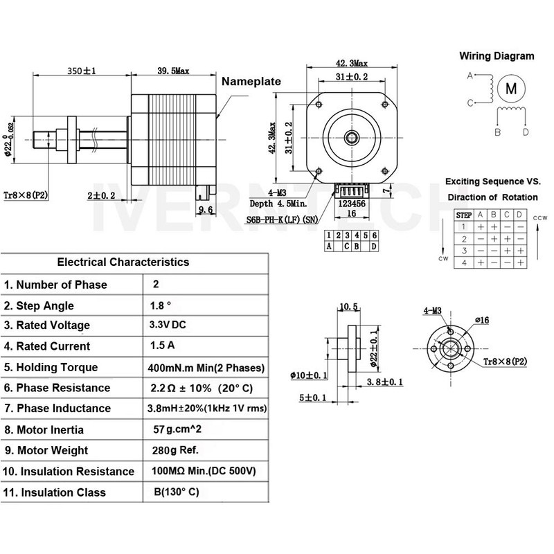 Iverntech NEMA 17 Stepper Motor with Integrated 350mm T8 Lead