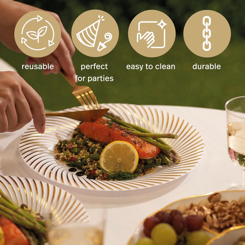 MATANA 20 White Plastic Plates with Gold Rim for Weddings,
