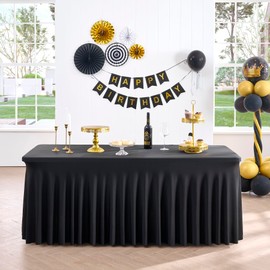 Black 6FT Spandex Tablecloth for 6FOOT Rectangle Tables, 2 Pack Stretchy Wrinkle Free Table Cloths for Parties Wedding Birthday Baby Shower
