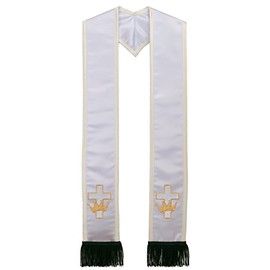 The Sash Company Deluxe White w/Cream Border and Black Fringe Satin Clergy Stole with Embroidered Cross with Crown [ Made in USA ]