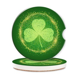 St. Patrick Day Cup Holder Coasters for Car,Glitter Clover Cute Cup Holder Coasters,2 Pack Anti Slip Ceramic Car Cup Holder Accessories with Finger Notch for Women Men 2.56"