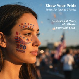 250th Anniversary Patriotic Face Temporary Tattoos for Women Kids Adults, 6 Sheets Waterproof 4th of July Face Tattoos Stickers with USA Flag Stars Eagle Fireworks Designs for Independence Day Party