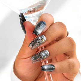 Sethexy Punk Long Coffin False Nails Handmade Rhinestone Cat Eye Gradient Fake Nails 3D Crystal Glossy Acrylic Black Press On Nails Salon Quality Nail for Women and Girls(O)