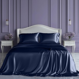 SLEEP SANCTUARY Satin Sheets King Size – 4 Piece Luxury Silky Bed Set, Softer Than Silk, 15" Deep Pocket, Cooling & Wrinkle-Free, Moisture-Wicking & Breathable for Hair & Skin (Navy Blue)