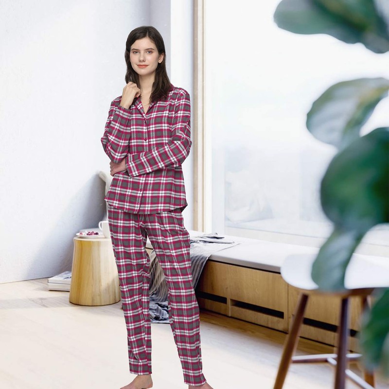 Mnemo Home Women's Long Flannel Pyjamas, 100% Cotton, Flannel, red