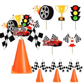 Simgoing 4 Sets 44 Pcs Race Car Theme Party Decorations - 4 Traffic Cones with Hole on Top, 8 Checkered Flags, 24 Race Car Centerpieces Card Sticks for Birthday Themed Party Supplies