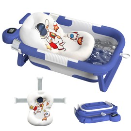 LAUJIA Collapsible Baby Bathtub for Newborn,Baby Tub with Soft Floating Cushion & Thermometer for Infant to Toddler,Portable Travel Bathtub with No-Slip Feet for 0-36 Months-Blue