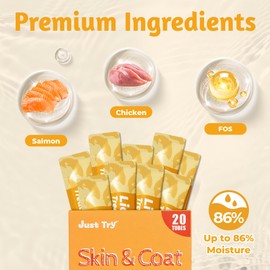 Just Try 20 Tubes Natural Fish Oil Cat Treats for Skin and Coat with Omega Oils, Taurine and Vitamin E, 0.5 Ounces Each Tube