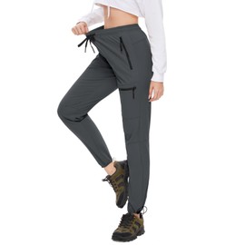 SEVEGO Womens Hiking Pants Tall Inseam 34" Athletic Cargo Pants Lightweight 4 Zipper Pockets Water Resistant Elastic Waist, Gray, L