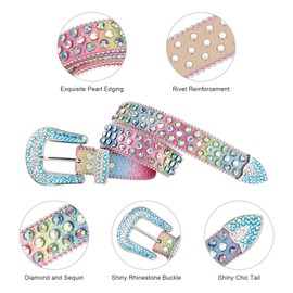 MINGSUN Rhinestone Leather Belt for Men & Women, Rainbow Western Bling Belt with Studded & Gemstone Design for Jeans, Dresses & Pants