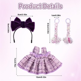 Lyreh 6.69in Purple Doll Clothes, Cute Soft Cloth Outfit Set with 1 Headband Bow 1 Dress 2 Braids Fit for Plush Dolls