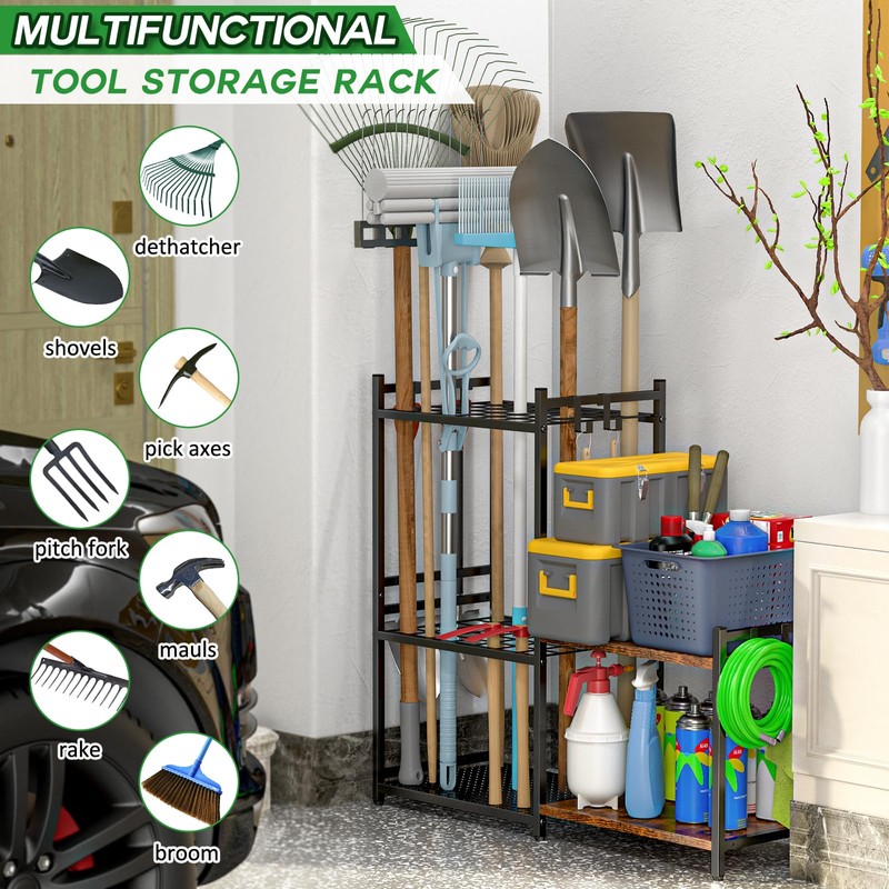 DAOUTIME Garage Tool Organizer with 2-tier Wooden Shelves, Yard Tool
