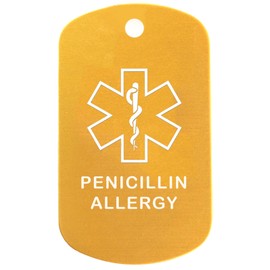Penicillin Allergy Medical Alert ID Necklace with Gold Tag, Purple Silencer, and 30'' USA Chain - 154 Color Choices
