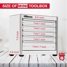 P.I.T. Mini White Tool Box, Portable 5-Drawer Micro Roll Cab Steel Stackable Tool Box with Liner, White Small Tool Case for Tools Storage and Organizers, Home DIY
