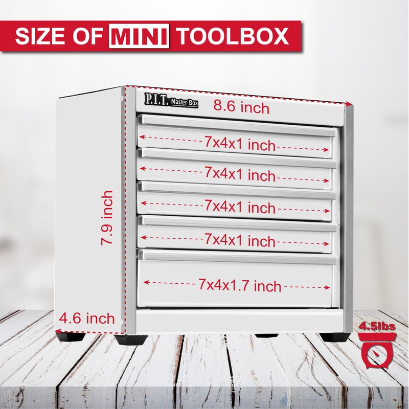 P.I.T. Mini White Tool Box, Portable 5-Drawer Micro Roll Cab