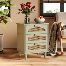 LITTLE TREE Rattan Nightstand, Mint Green End Table with 3 Drawers for Couch, Wooden Bedside Table for Living Room, Bedroom, Easy Assembly