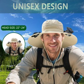 KANCOKIT Solar Fan Hat with Dual Fans, 3-Speed adjustable Wide Brim Sun Hat for Men & Women, Solar & USB Charging Cooling for Hiking, Fishing, Camping, Gardening, Outdoor Activities-Khaki