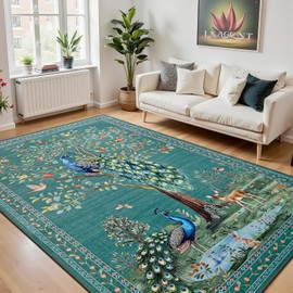 junovo 3X5 Jungle Animal Print Area Rug for Living Room, Washable Non-Slip Bedroom Rugs, Soft Low Pile Peacock Floral Carpet for Dining Room Playroom Nursery (Dark Blue)