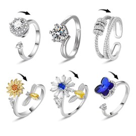 Yeefunjoy 6-Piece Silver Fidget Anxiety Rings Set, Fidget Rings, Anxiety Ring, Open Rings, Fidget Spinner Silver Rings, Stress Rings, Band Ring for Men and Women, Adjustable, Stackable for Stress