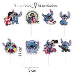 dekora - Adornos para cupcakes de Lilo y Stitch en 8 diseños - Decoración para cupcakes, magdalenas, tartas y otros dulces - Decoración de calidad alimentaria para repostería - 16 unidades