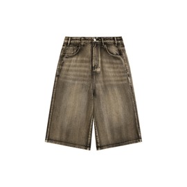 Vamtac Baggy Denim Shorts Vintage Washed Long Mens Jorts Y2k Casual Summer Streetwear Straight Leg Jeans Short Brown 34