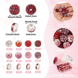 Beadthoven 100pcs 10mm Rhinestone Beads with 8mm Spacers for Jewelry Making, Red Pink White Rhinestone Crystal Spacers, Bling Sparkle Disco Ball Beads for Bracelet Necklace DIY Valentine’s Day