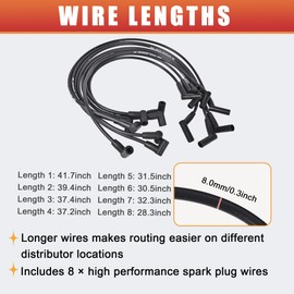 RLP Silicone Spark Plug Wires Set 8.0mm Black Replacement for SBF Small Block Ford Valve Cover Wires 221 255 260 289 302 351W Fits HEI Distributor Caps