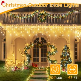Ollny Icicle Lights for Outside 504LED 41FT, Warm and Cool White Christmas Light with Remote 8Modes Timers Waterproof, Plug in Connectable Hanging Lights for Outdoor Indoor House Roof Holiday