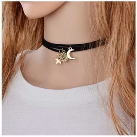 Yheakne Boho Black Layered Star Moon Choker Necklace Gold Sun Pendant Necklace Vintage Suede Choker Necklace Gothic Retro Leather Necklace Chain Jewelry for Women 3Pcs