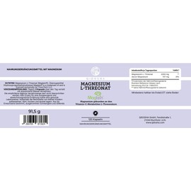 Magtein® Magnesium L Threonat von QIDOSHA®, 120 Kapseln im Apothekerglas, 2000mg/Tagesportion, deutsche Fertigung, jede Charge laborgeprüft