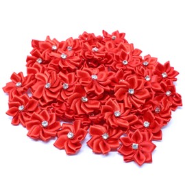 Red 25mm Satin Ribbon Flowers with Rhinestone Diamante Centre, Craft Flowers (10)