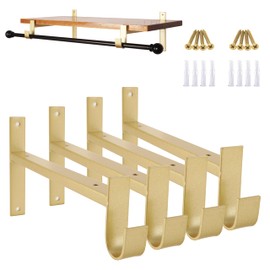 AddGrace Closet Rod Bracket Heavy Duty Shelf Brackets 10 Inch Gold Wall Mounted Closet Rod Support with Pole Holder Industrial Iron Shelving Supports with Hook (4 Pack)