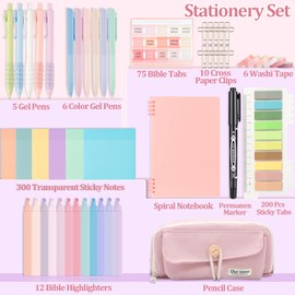 THYRRE-J Bible Study Supplies Journaling Kit With Tabs, Highlighter, Notebook and Pen Pouch- Annotation Kit, Aesthetic Study Supplies（Pink）